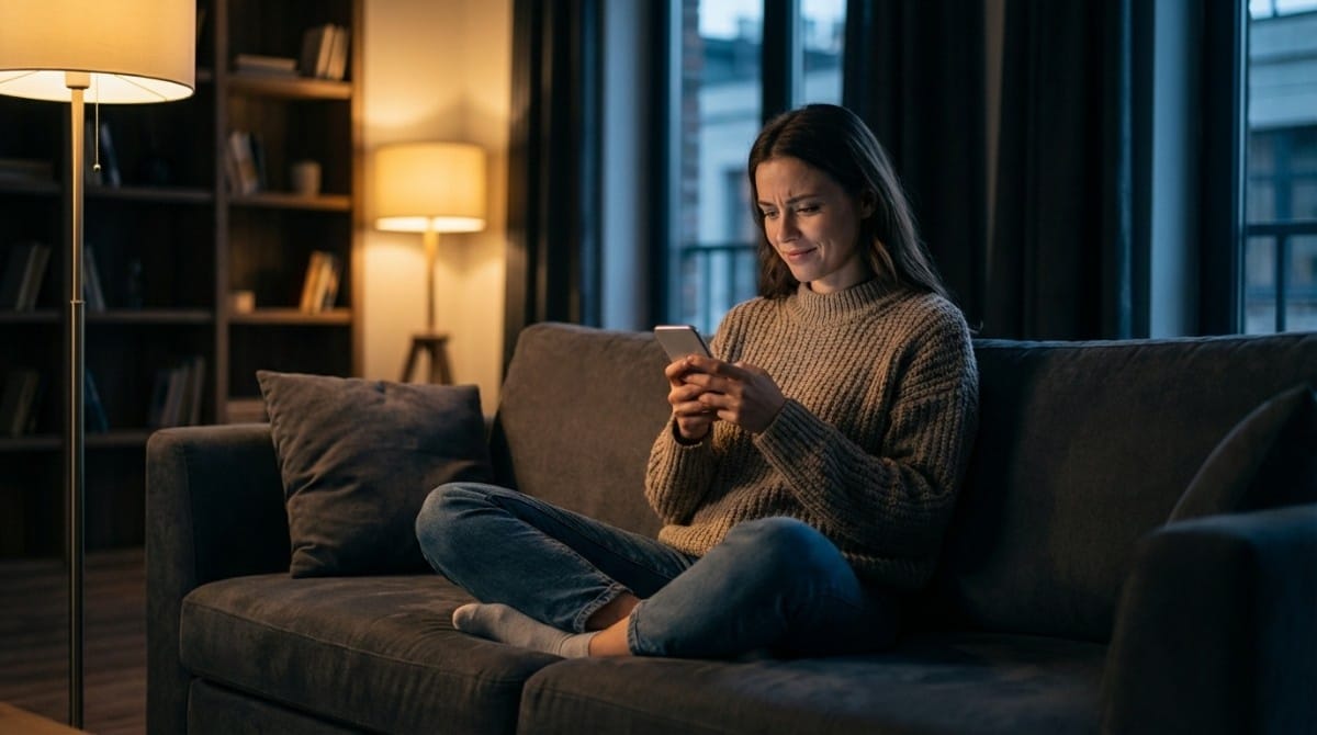 Woman sitting on couch at night checking phone with mixed emotions