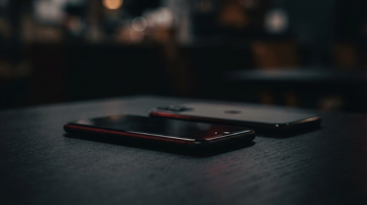 Smartphone and laptop placed on table in dimly lit room at night