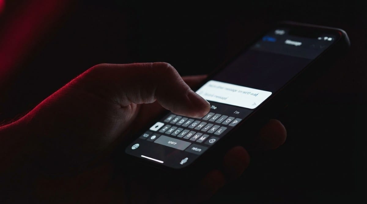 Close-up of hand typing text message on smartphone in dark setting