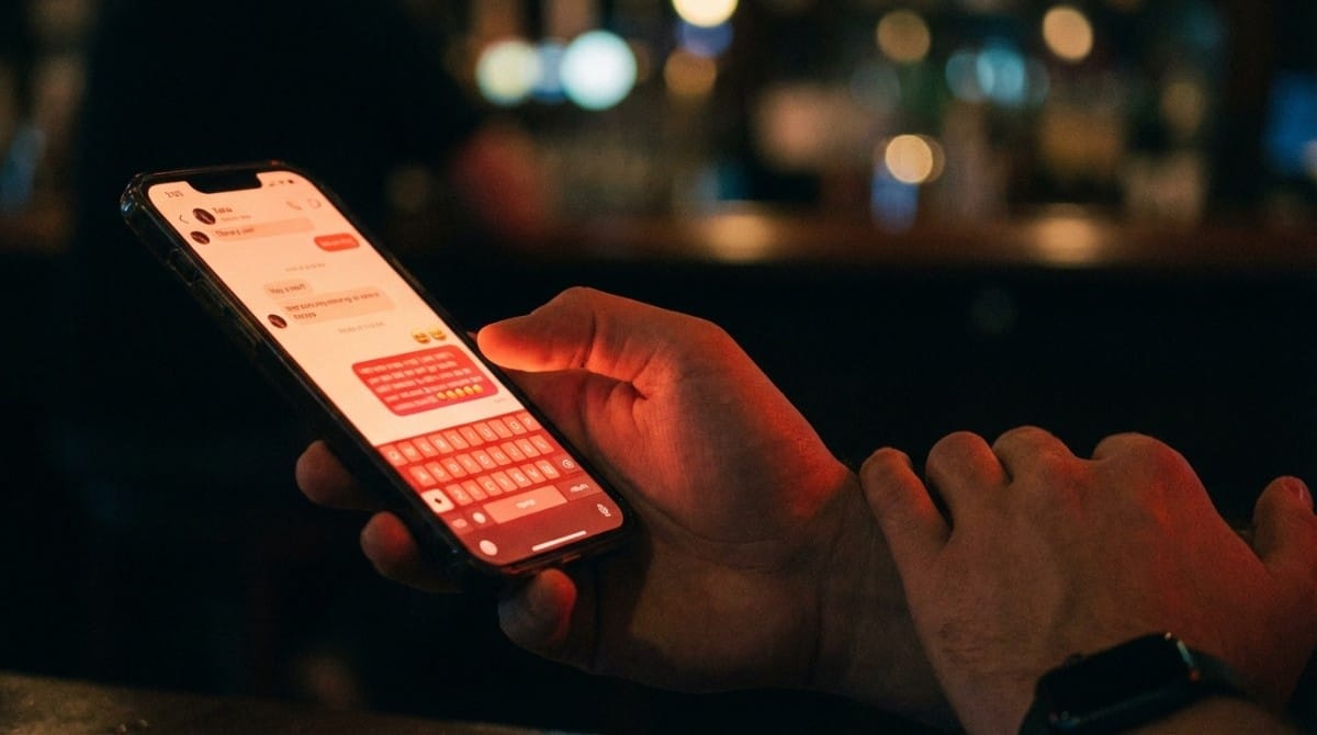 Close-up of smartphone with dating app messages being typed at night
