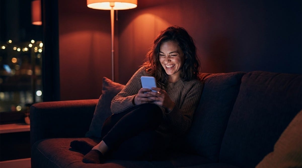 Woman smiling while texting on smartphone at night sitting on couch