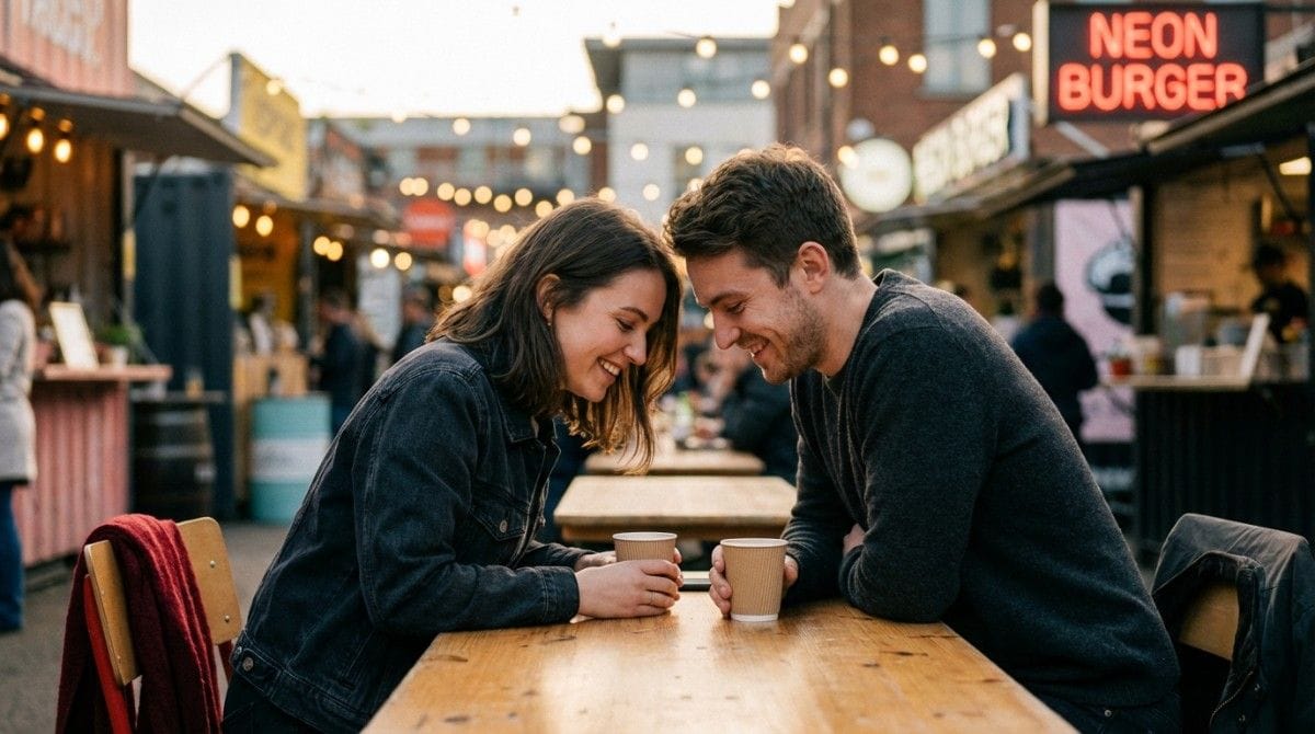 Romantic couple leaning close at outdoor café, smiling and emotionally connected during a date
