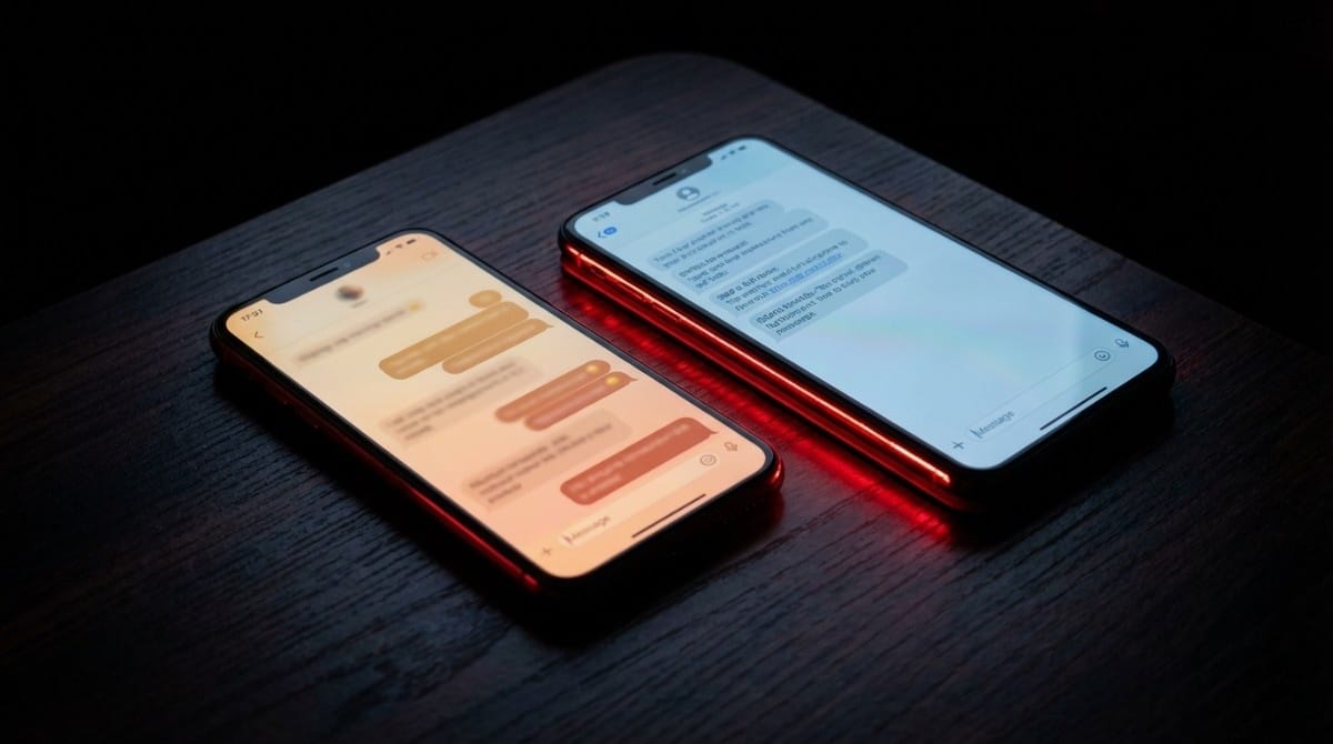 Two smartphones showing text conversation in low light symbolizing digital communication