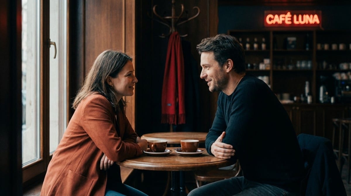Couple talking face-to-face at café showing genuine connection and chemistry